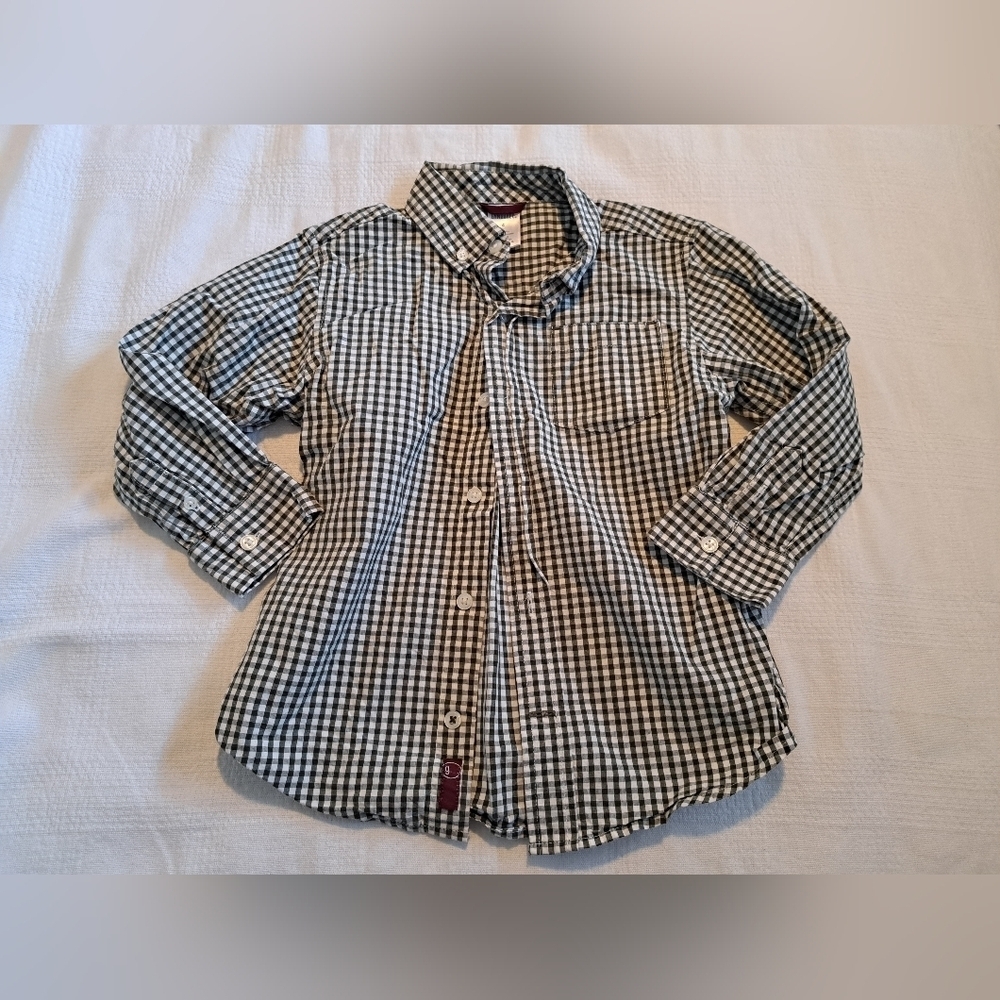 Gymboree boys size 4 button up shirt gingham, white & green 1 pocket VGUC
